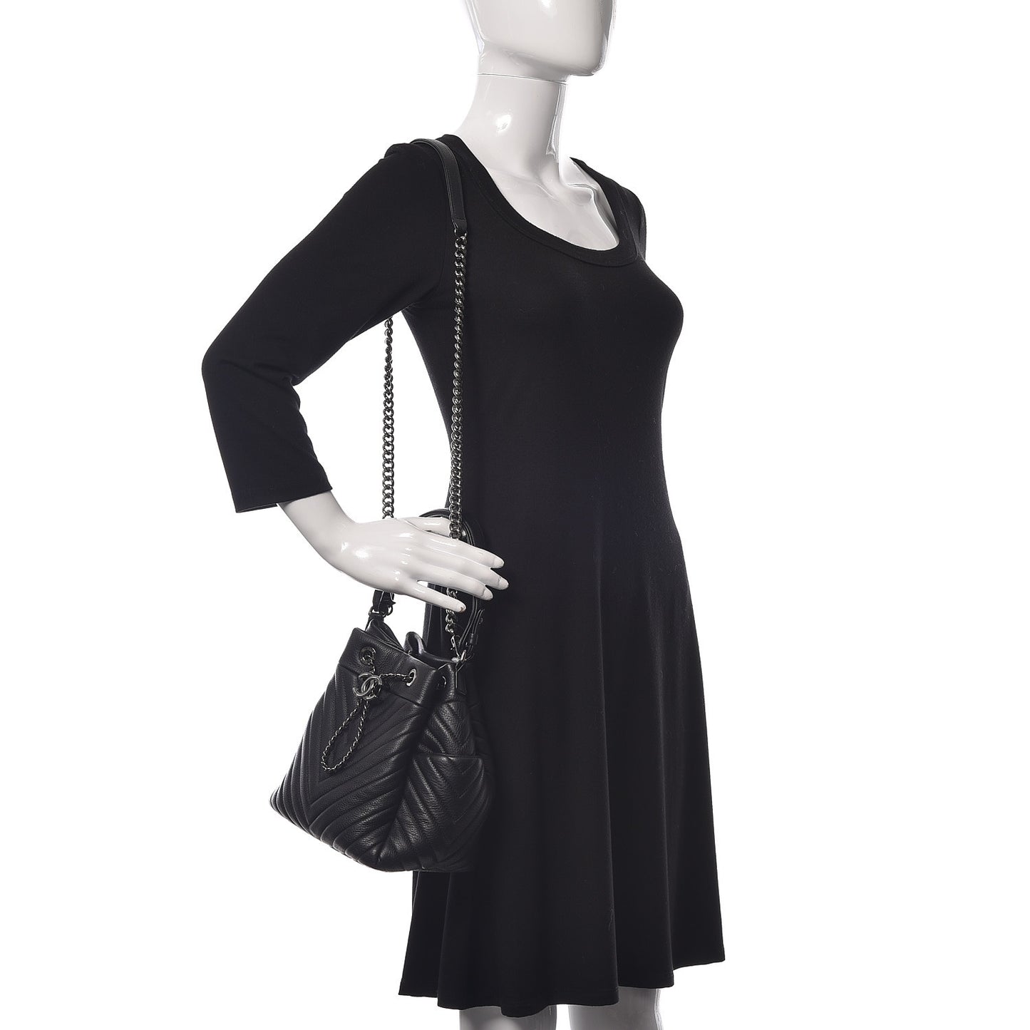 Deerskin Chevron Small CC Chain Bucket Drawstring Bag Black