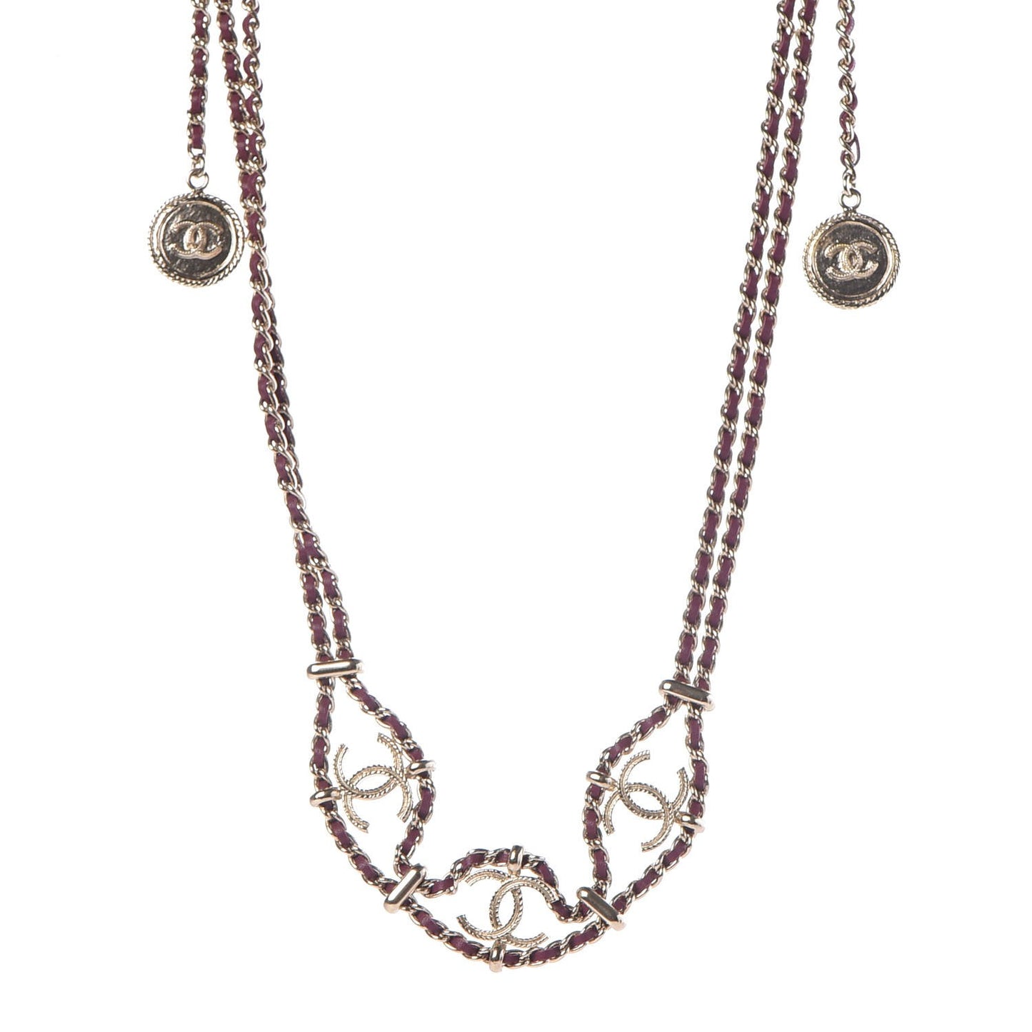 Metal Lambskin CC Chain Link Necklace Gold Dark Pink