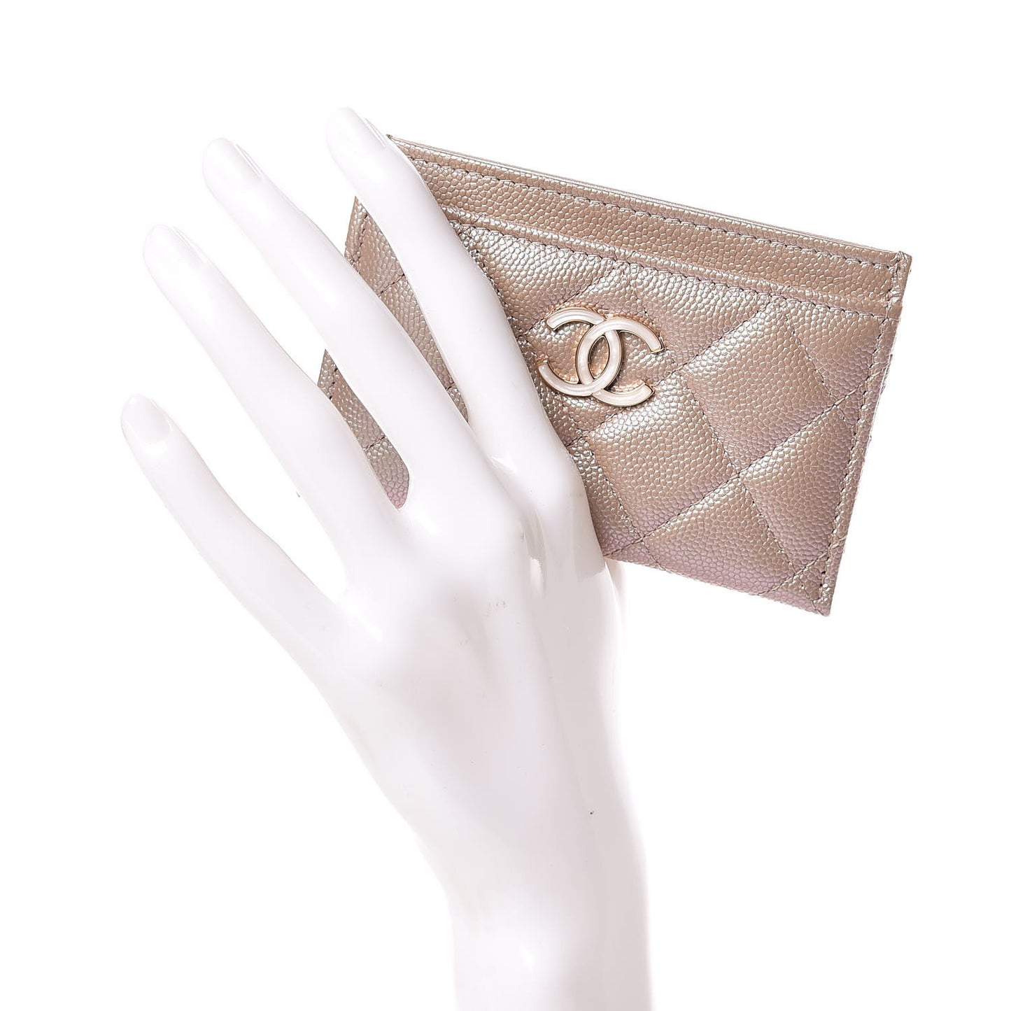 Iridescent Caviar Quilted Card Holder Beige