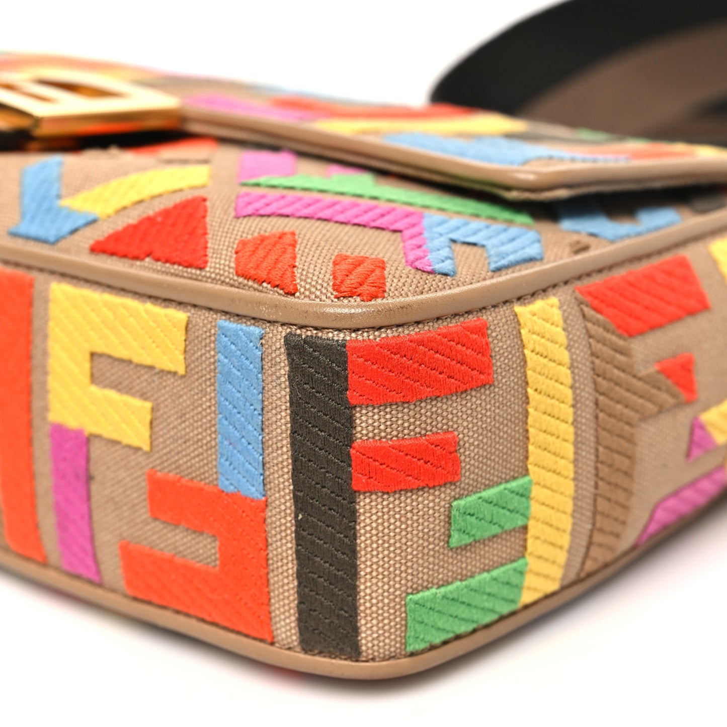 Canvas Vitello King FF Multicolor Embroidered Baguette Multicolor Cuoio