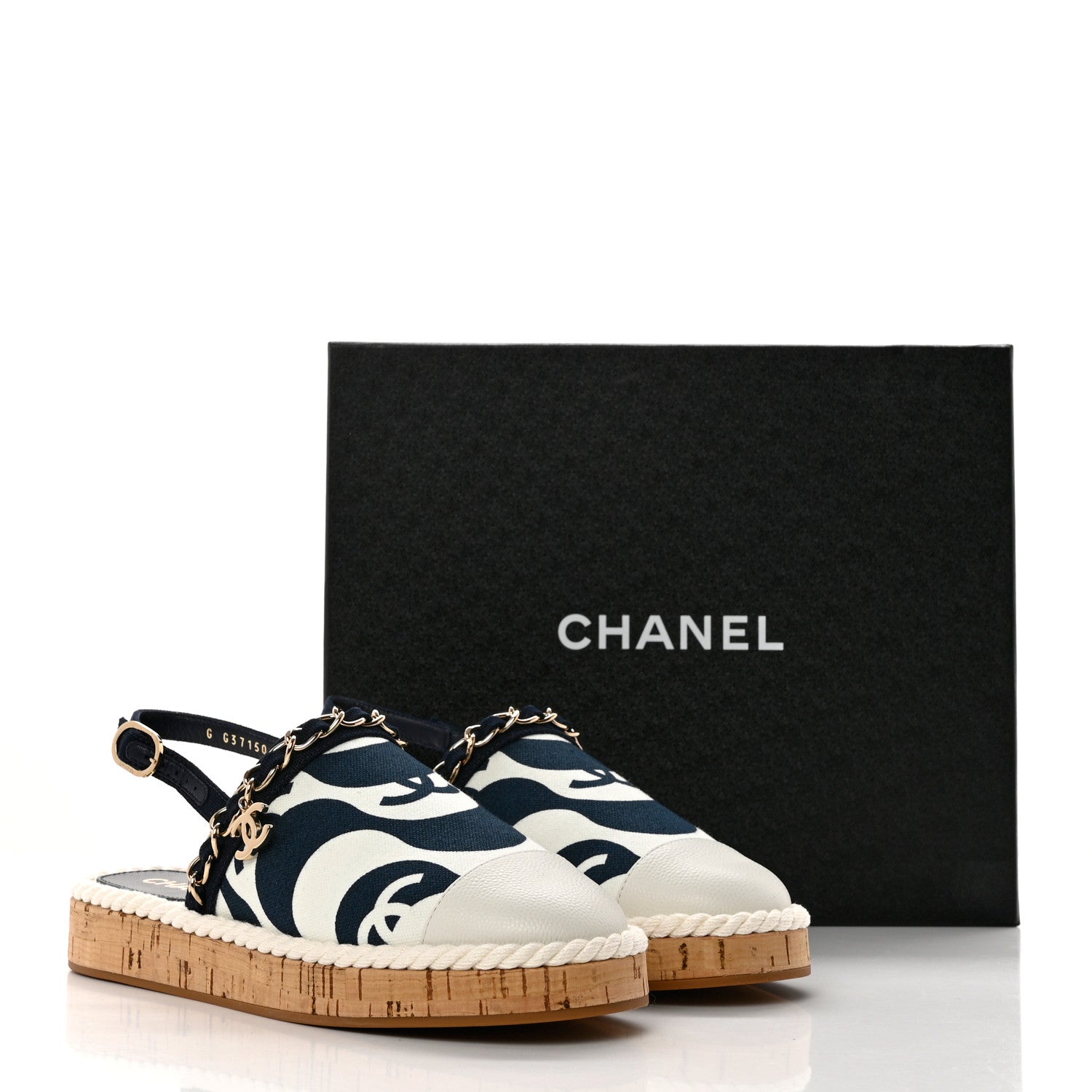 Chanel Lambskin Cotton Cork Printed Cap Toe Chain Mules Sandals 37 Navy White 9 of 9