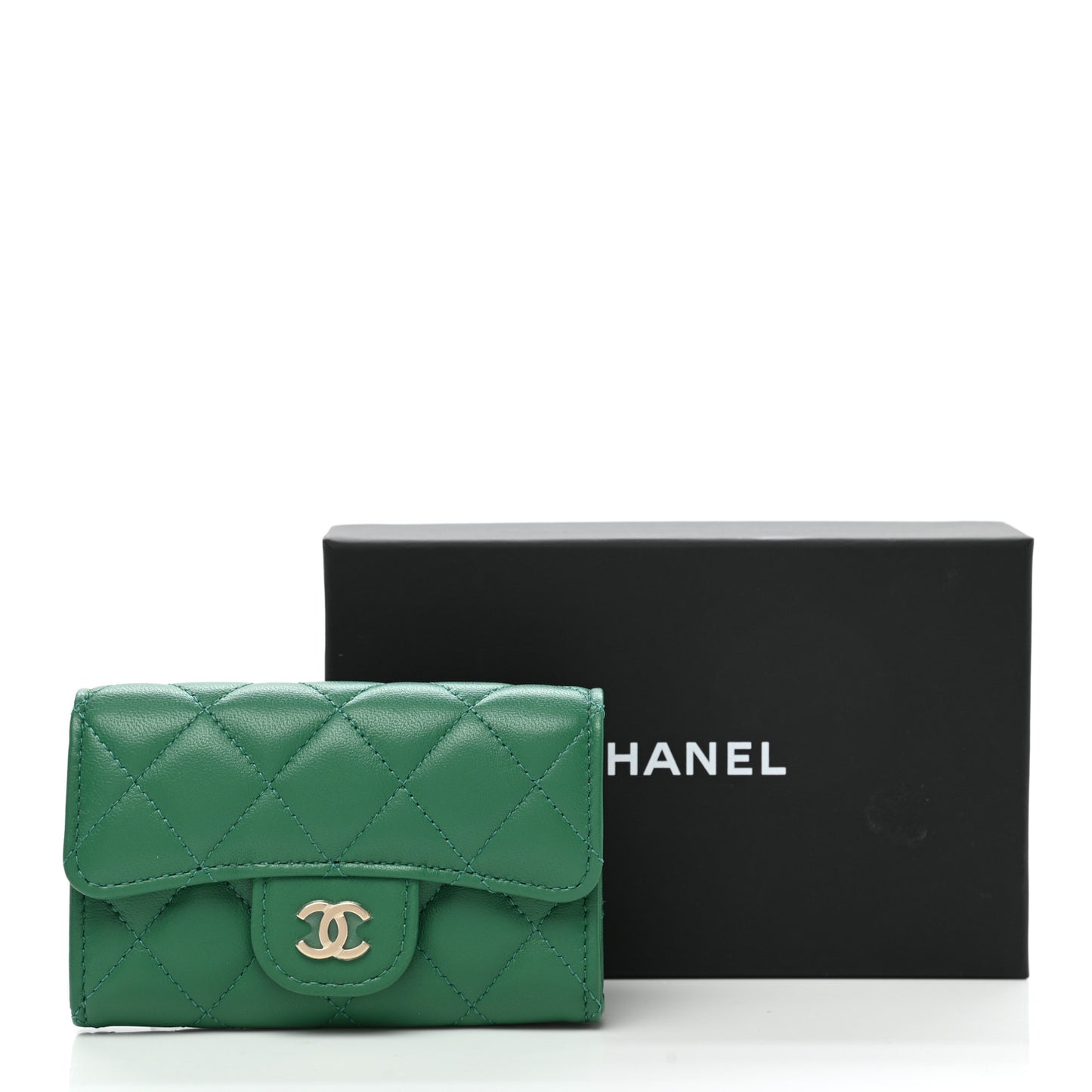 Lambskin Quilted Flap Card Holder Wallet Green