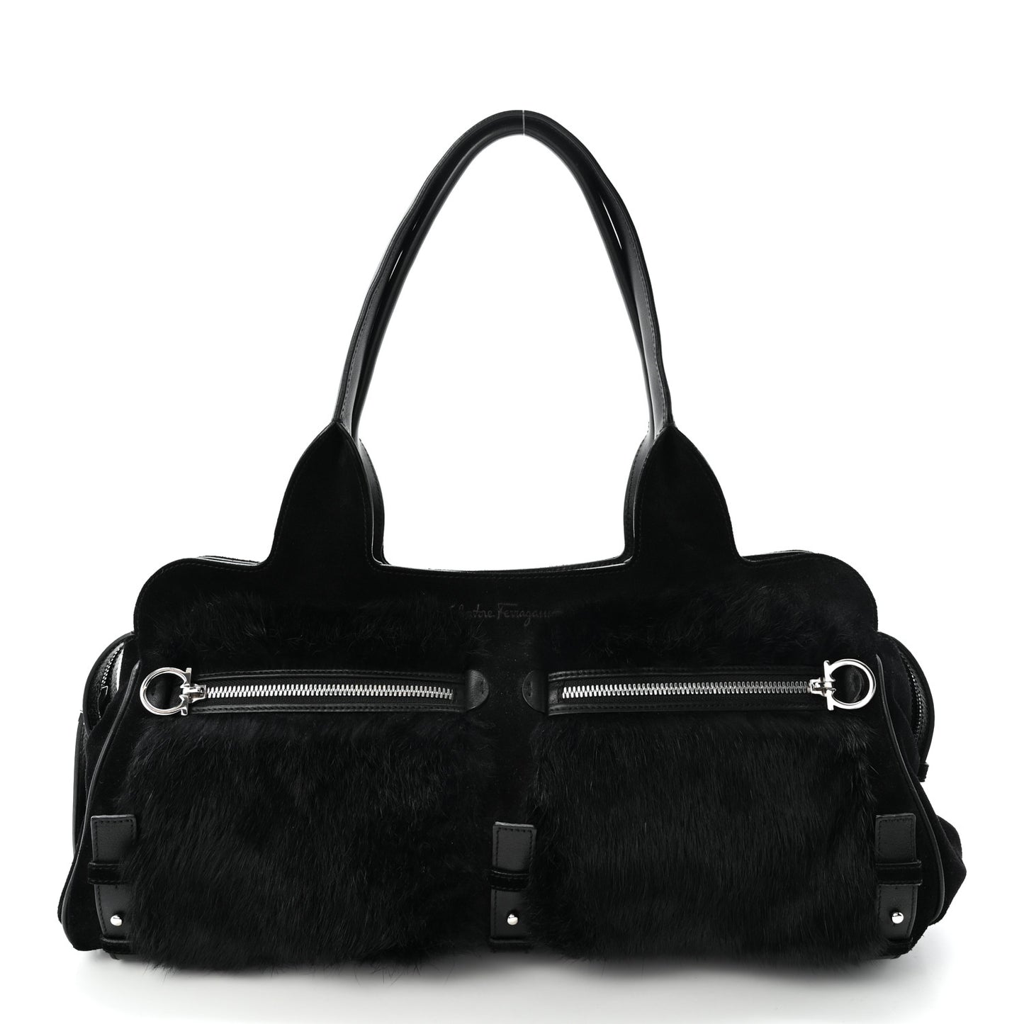 Fur Calfskin Suede Top Handle East West Tote Bag Black