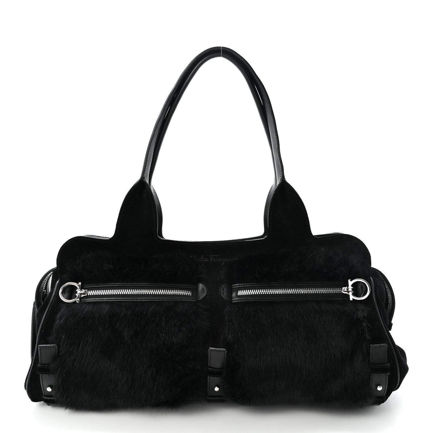 Salvatore Ferragamo Fur Calfskin Suede Top Handle East West Tote Bag Black 1 of 10