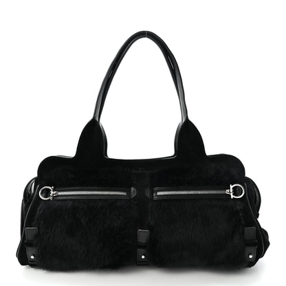 Salvatore Ferragamo Fur Calfskin Suede Top Handle East West Tote Bag Black 1 of 10