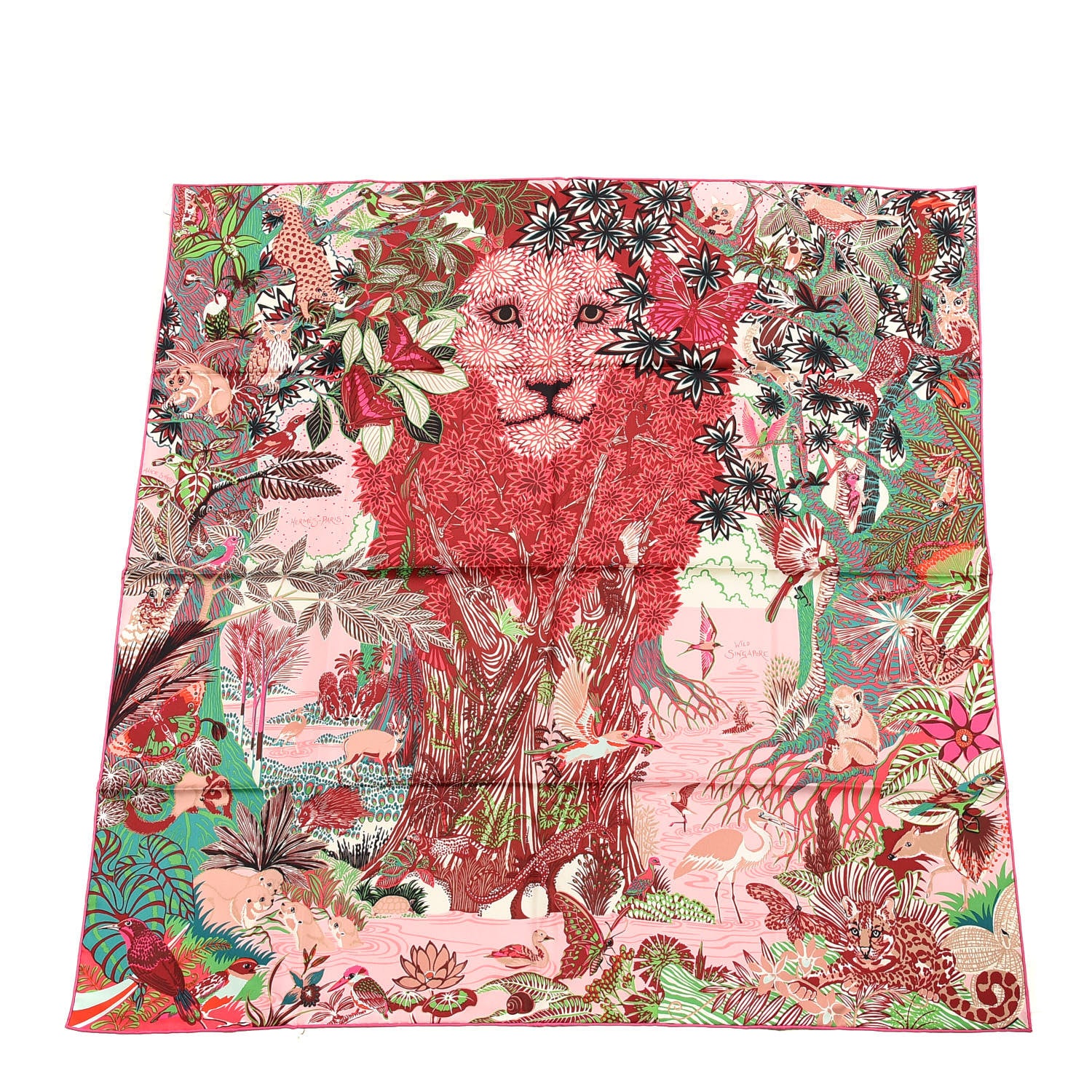 Hermes Silk Wild Singapore Scarf 90 Rose Vert Bordeaux 1 of 3