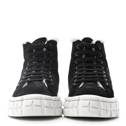 Prada Suede Shearling Triangle Logo Wheel High Top Sneakers 38 Black 2 of 8