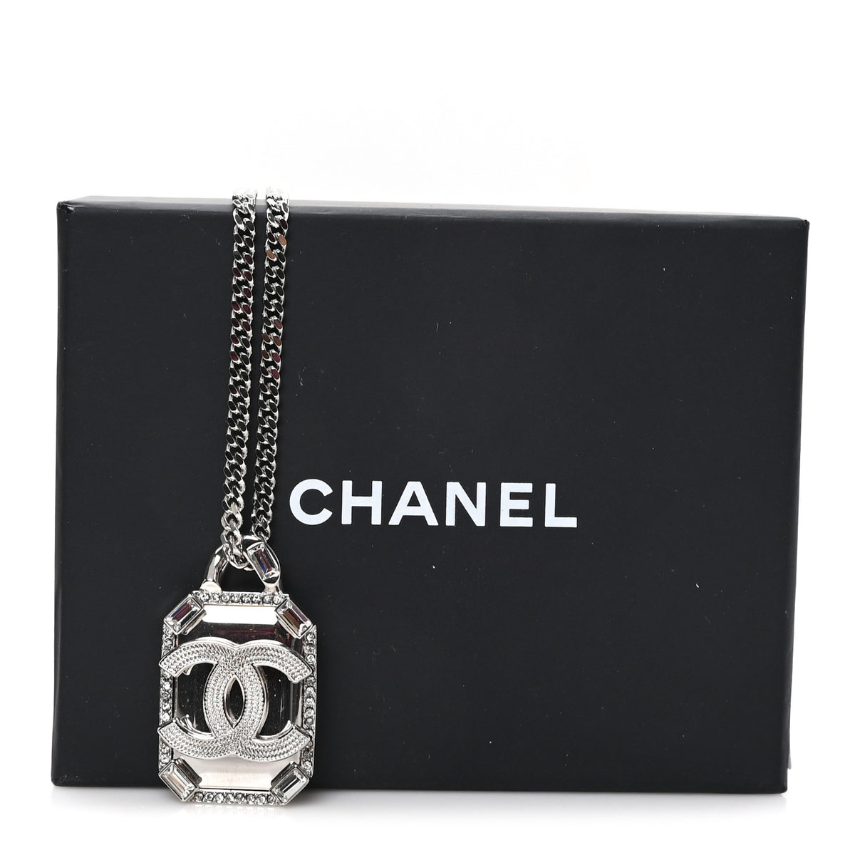 Crystal Baguette CC Mirror Pendant Necklace Silver