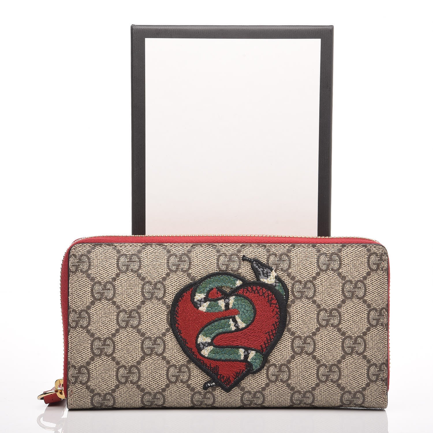 Gucci GG Supreme Monogram Kingsnake Heart Embroidered Zip Around Wallet Red 7 of 7