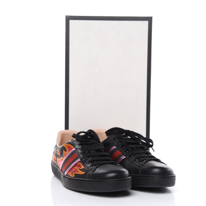 Gucci Calfskin Ayers Web Flames Embroidered Mens Ace Sneakers 10 Black 9 of 9