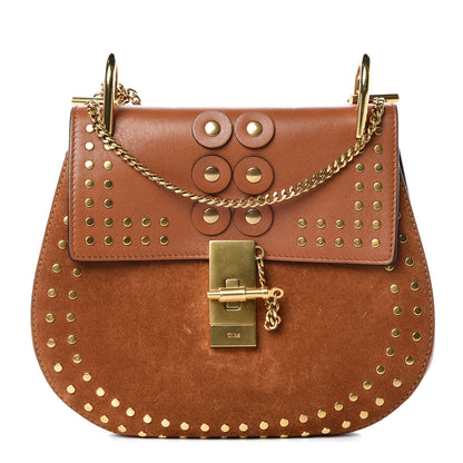 Chloe Suede Smooth Calfskin Studded Drew Shoulder Bag Caramel 1 of 7