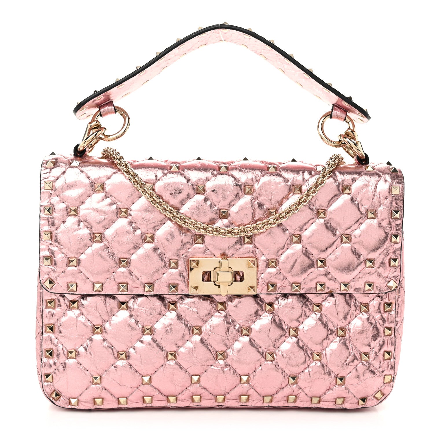 Valentino Garavani Metallic Wrinkled Lambskin Medium Rockstud Spike Shoulder Bag Lipstick 1 of 10