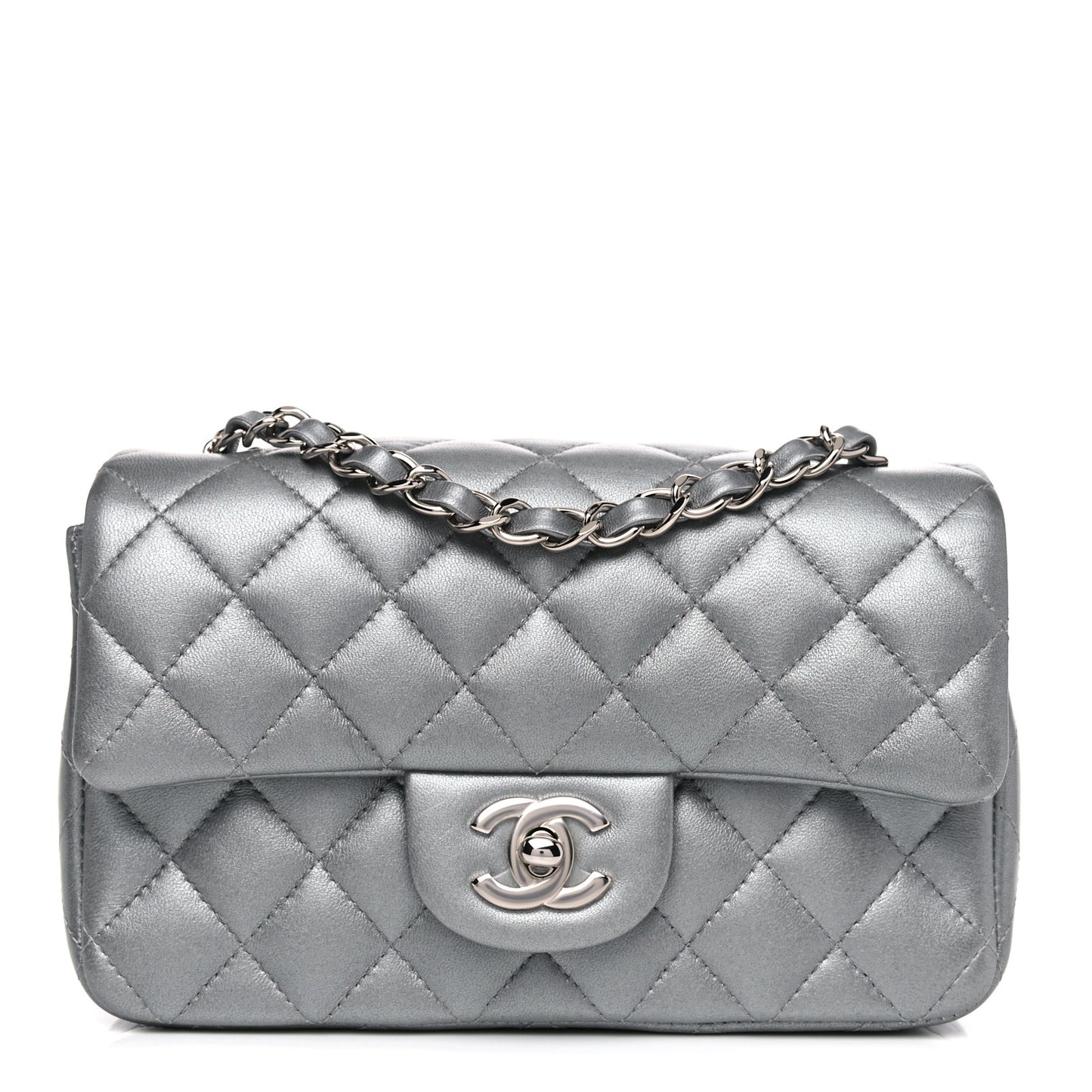 Metallic Lambskin Quilted Mini Rectangular Flap Silver