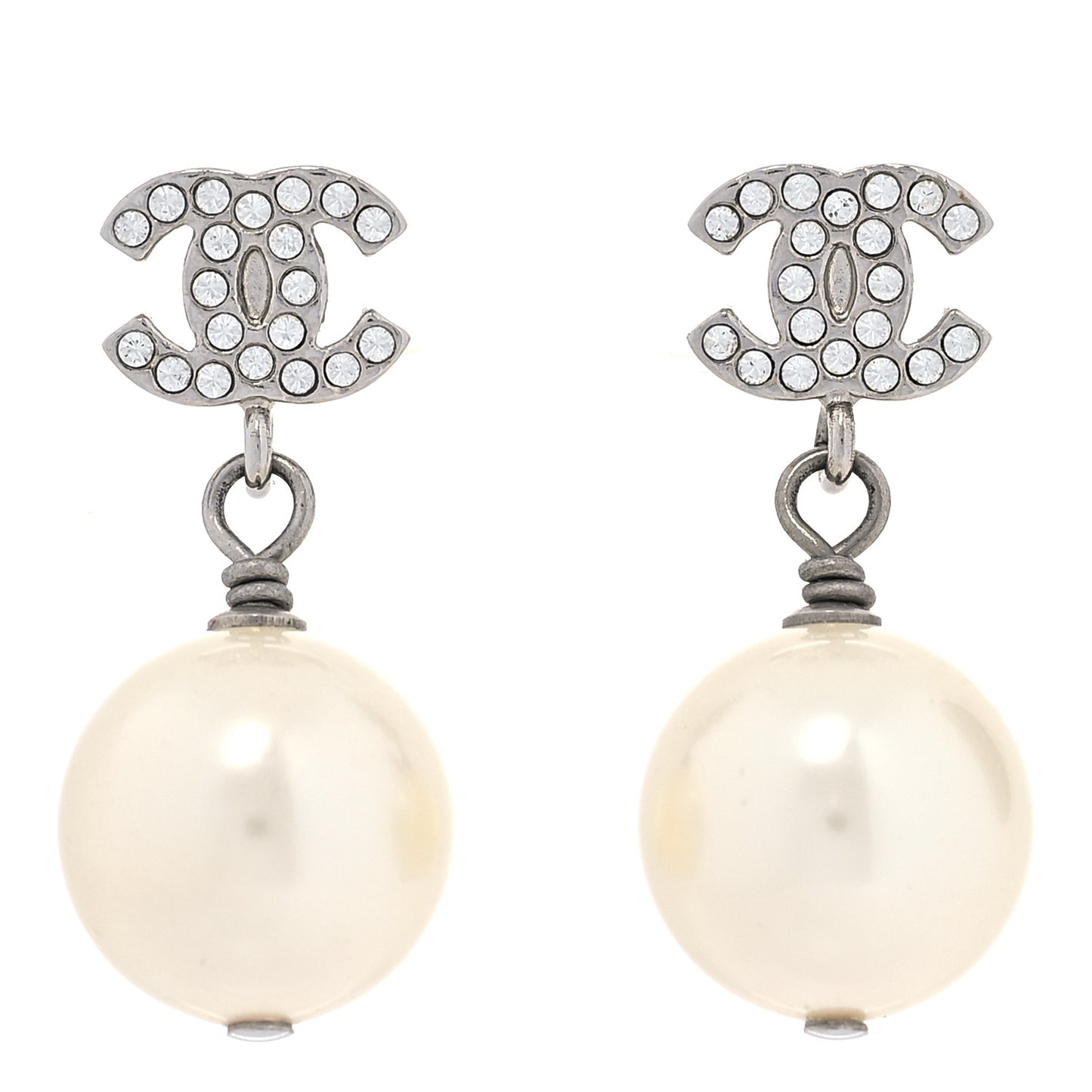 Crystal Pearl CC Drop Earrings Silver Pearly White