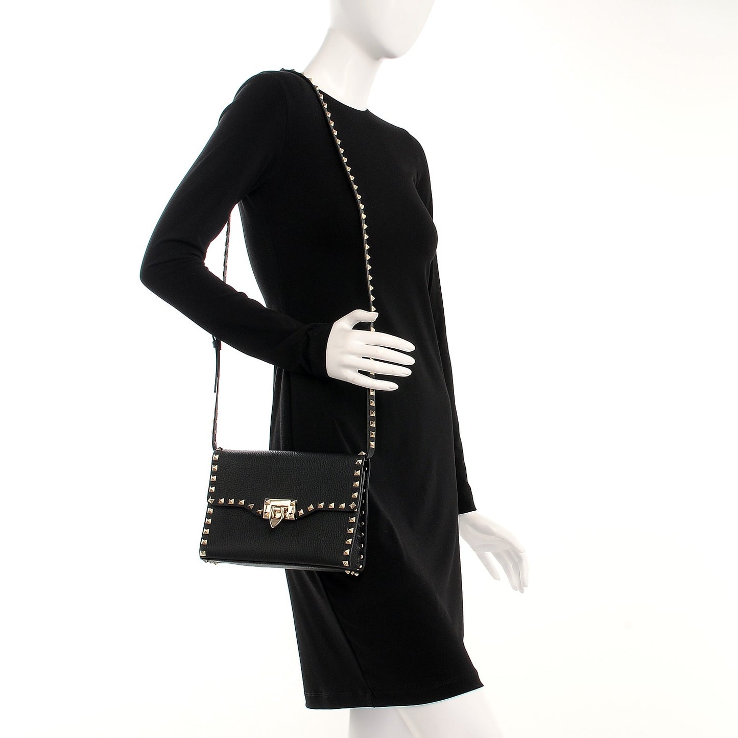 Pebbled Calfskin Medium Rockstud Flip Lock Crossbody Bag Black