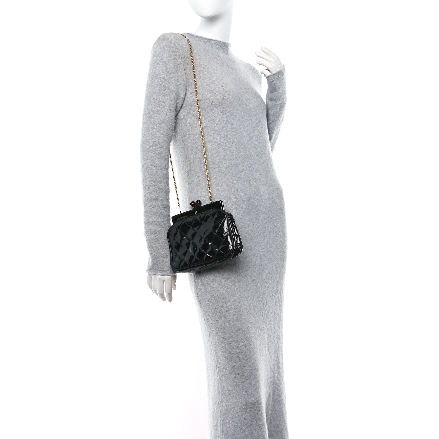 Patent Quilted Resin Frame Clutch Flap With Chain Black
