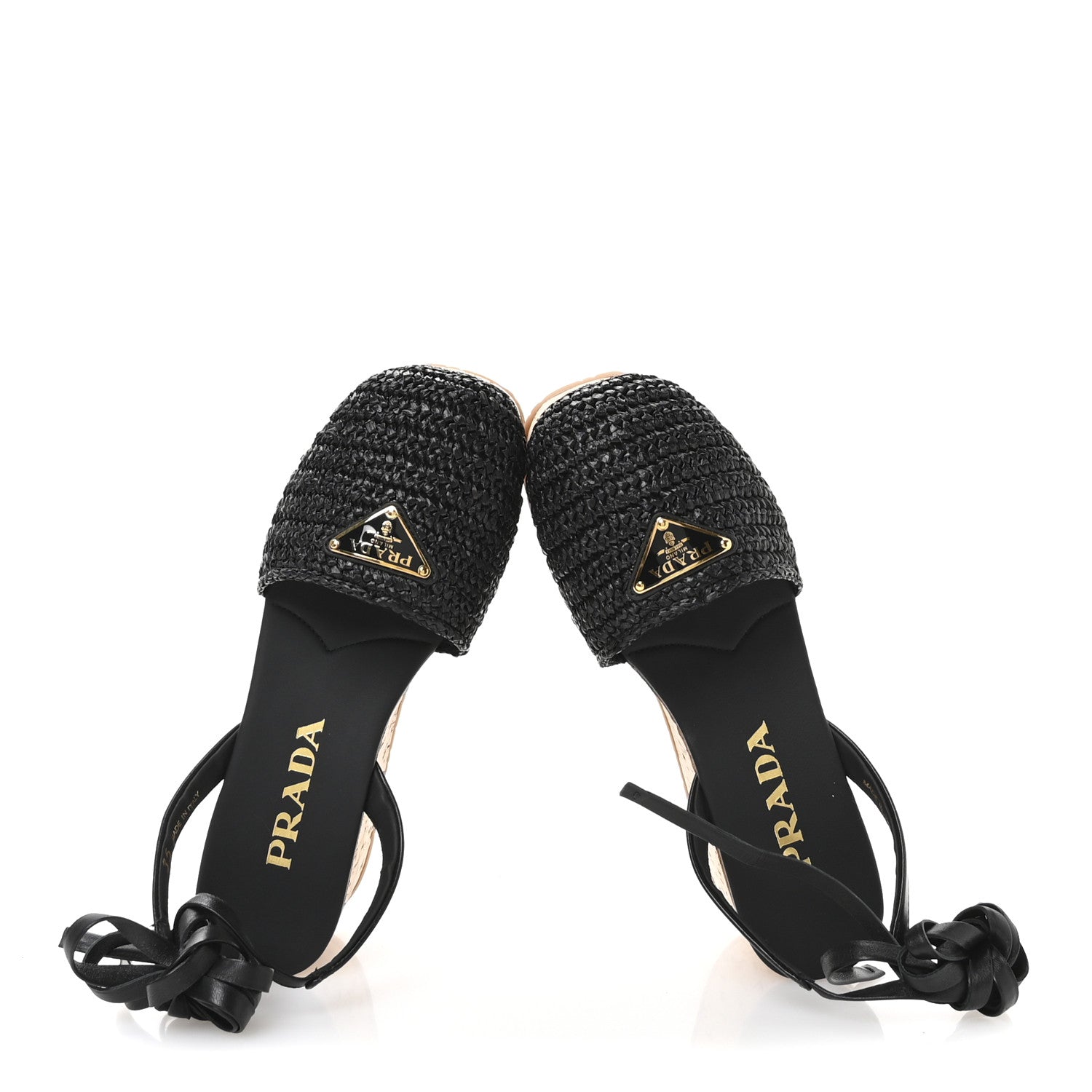 Prada Raffia Cork Triangle Crochet Ankle Strap Platform 75mm Sandals 35 Black 2 of 9