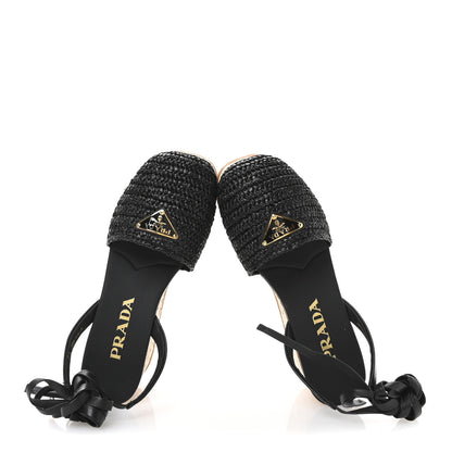Prada Raffia Cork Triangle Crochet Ankle Strap Platform 75mm Sandals 35 Black 2 of 9