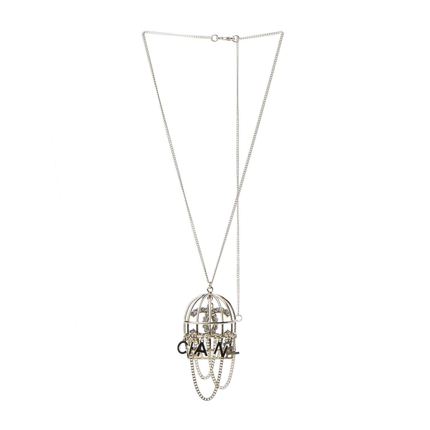 Chanel Metal Crystal Logo Bird Cage Necklace Gold 3 of 7