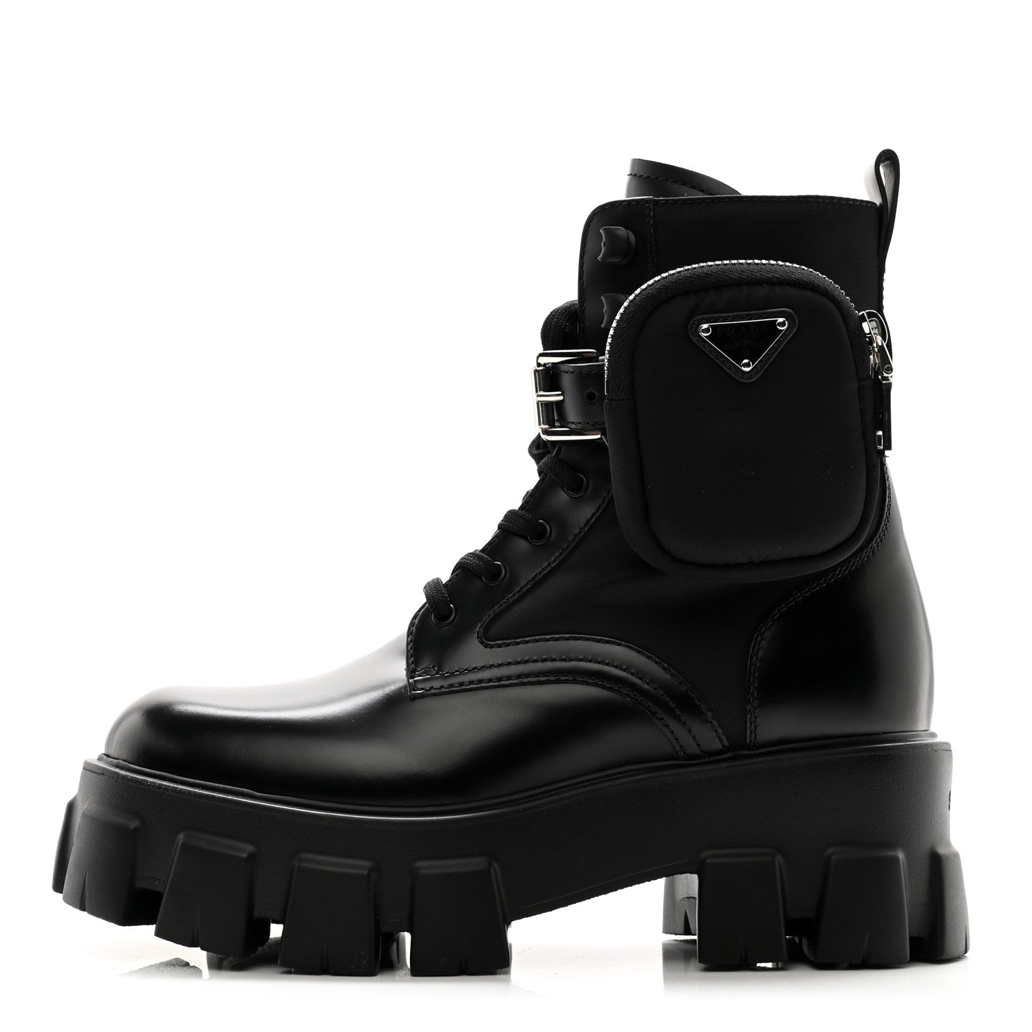 Prada Spazzolato Rois Re-Nylon Metal Triangle Logo Monolith Pouch Pocket 55mm Boots 37 Black 1 of 8