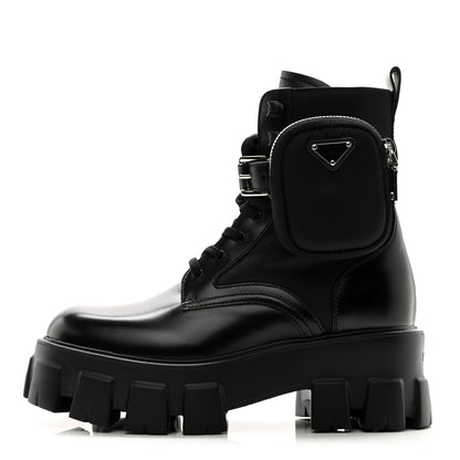 Prada Spazzolato Rois Re-Nylon Metal Triangle Logo Monolith Pouch Pocket 55mm Boots 37 Black 1 of 8