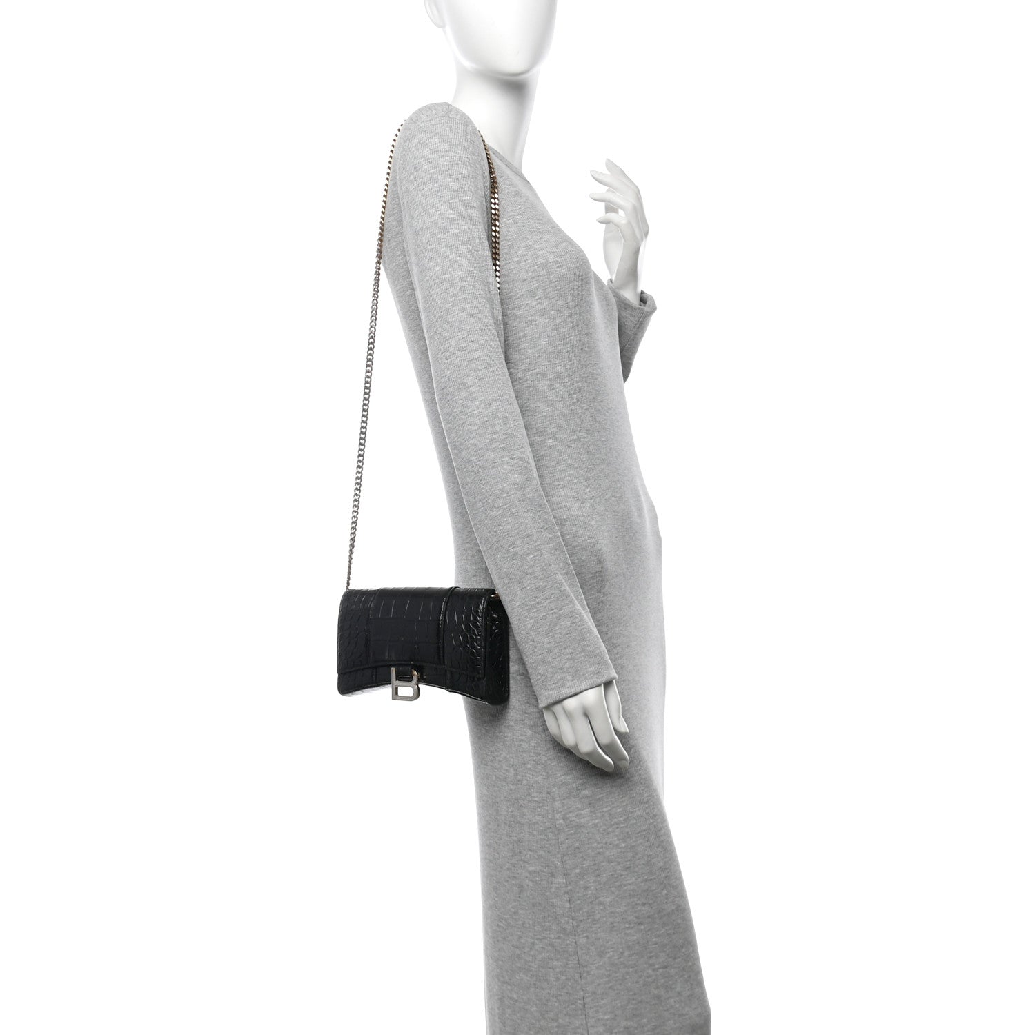 Balenciaga Shiny Calfskin Crocodile Embossed Hourglass Chain Bag Black 2 of 12
