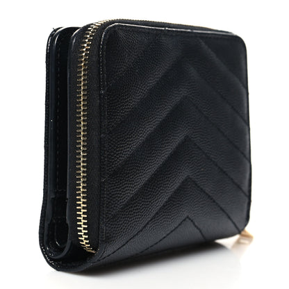 Saint Laurent Grain De Poudre Matelasse Chevron Monogram Compact Zip Around Wallet Black 3 of 10