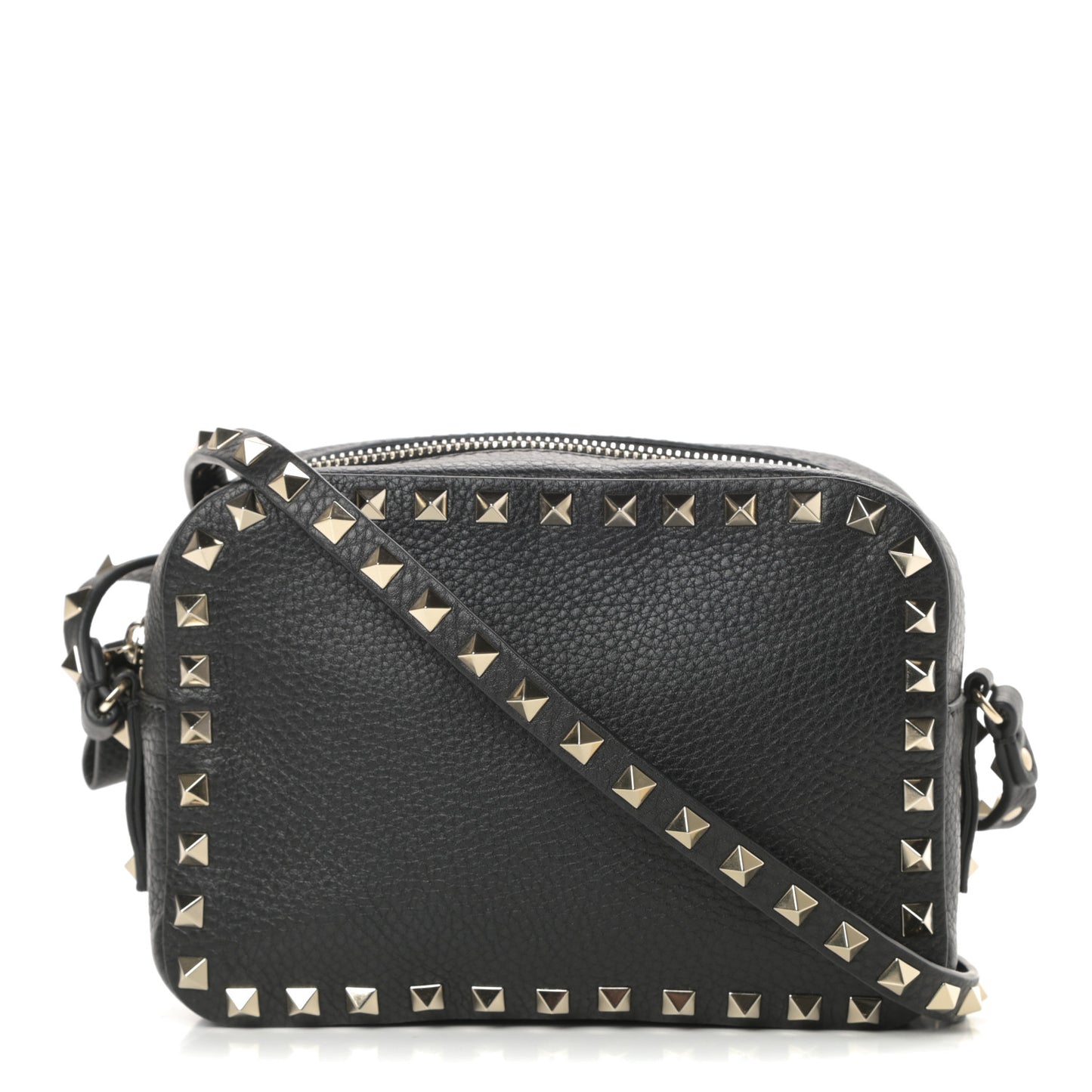 Pebbled Calfskin Rockstud Camera Crossbody Bag Black