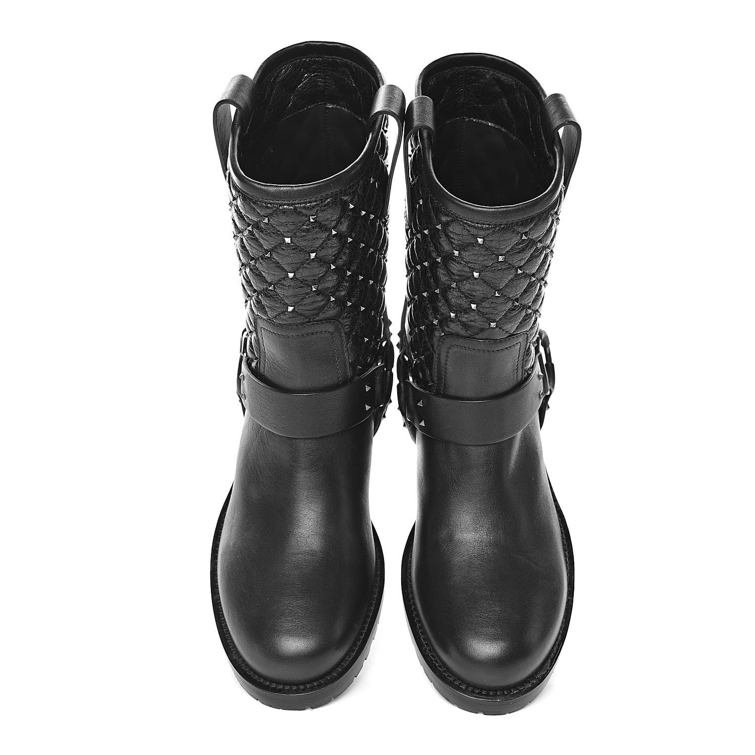 Valentino Garavani Calfskin Crackled Lambskin Rockstud Spike 20mm Biker Boots 37.5 Black 10 of 11