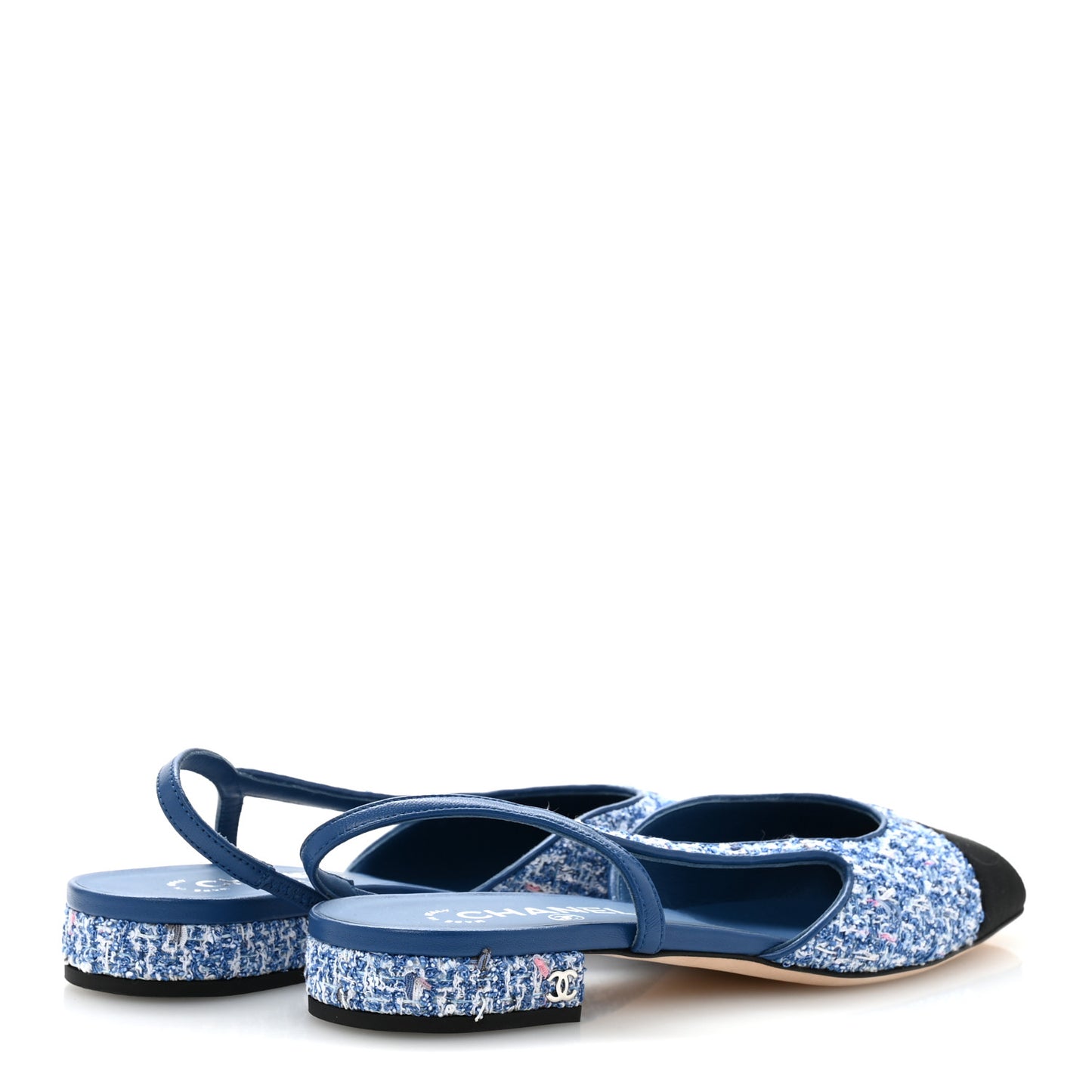 Tweed Grosgrain Cap Toe Slingback Flats 39.5 Blue White Black