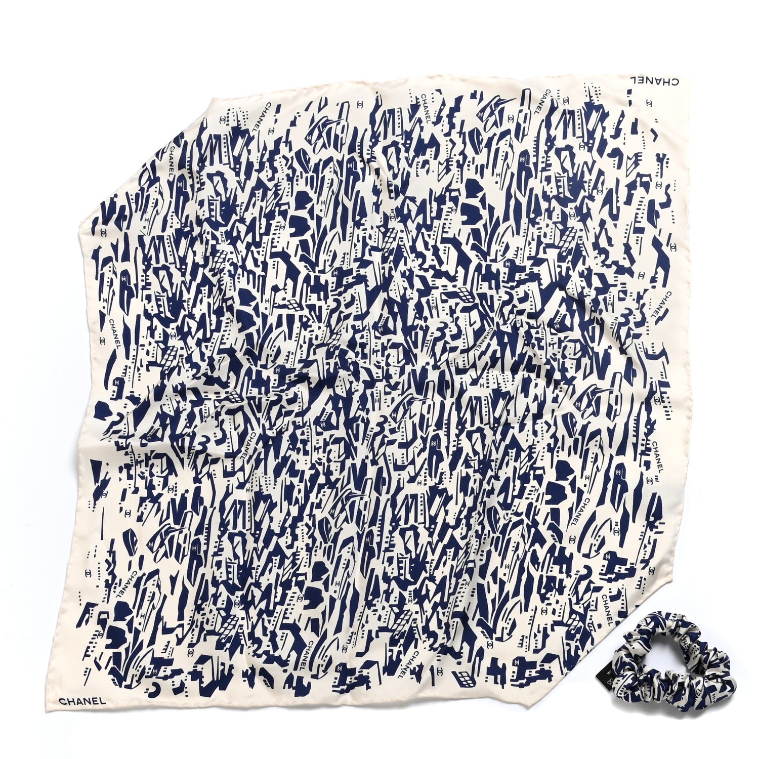 Chanel Silk Twill Hair Scarf Navy Blue White 2 of 4