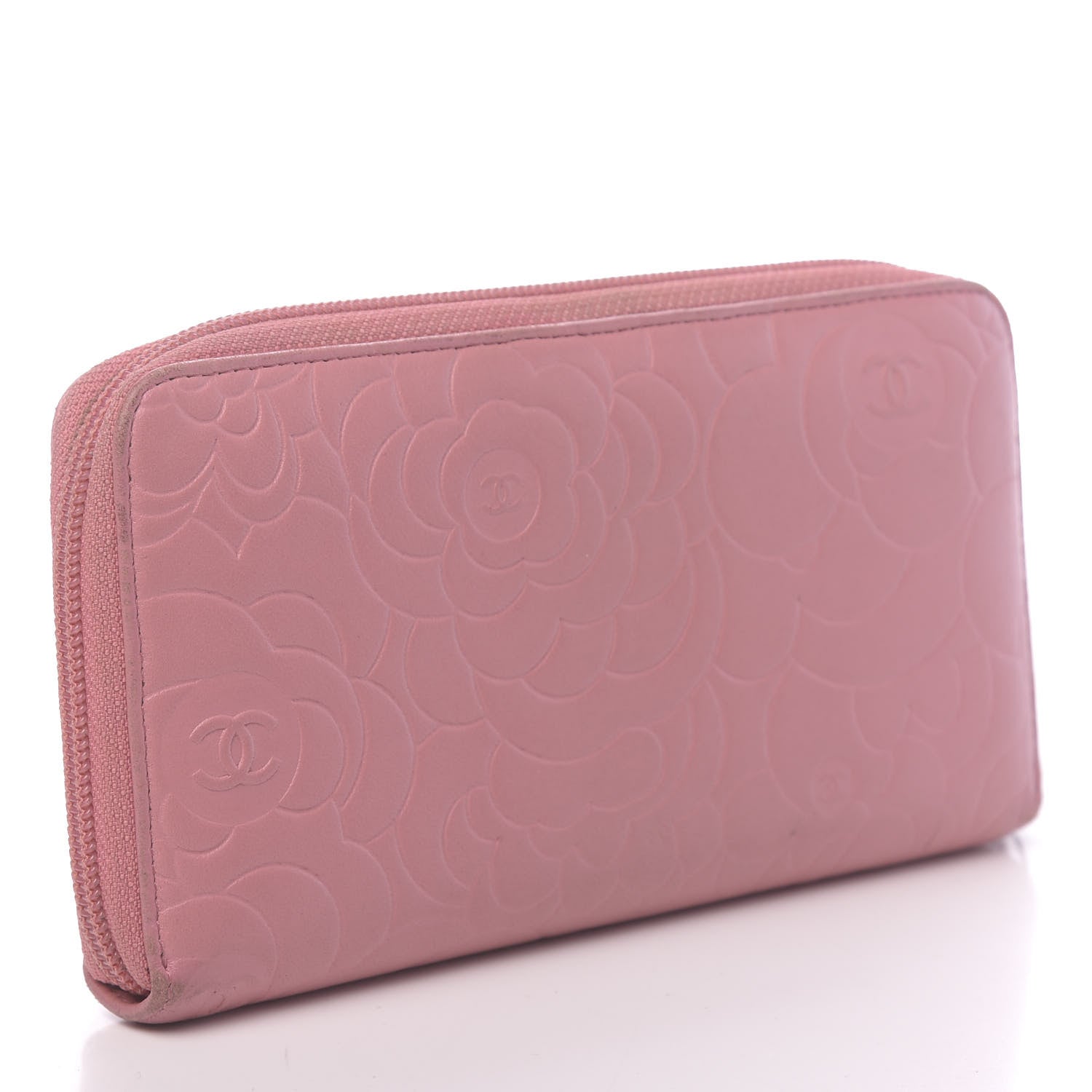 Chanel Lambskin Camellia Embossed Zip Around Large Gusset Wallet Pink 3 of 15