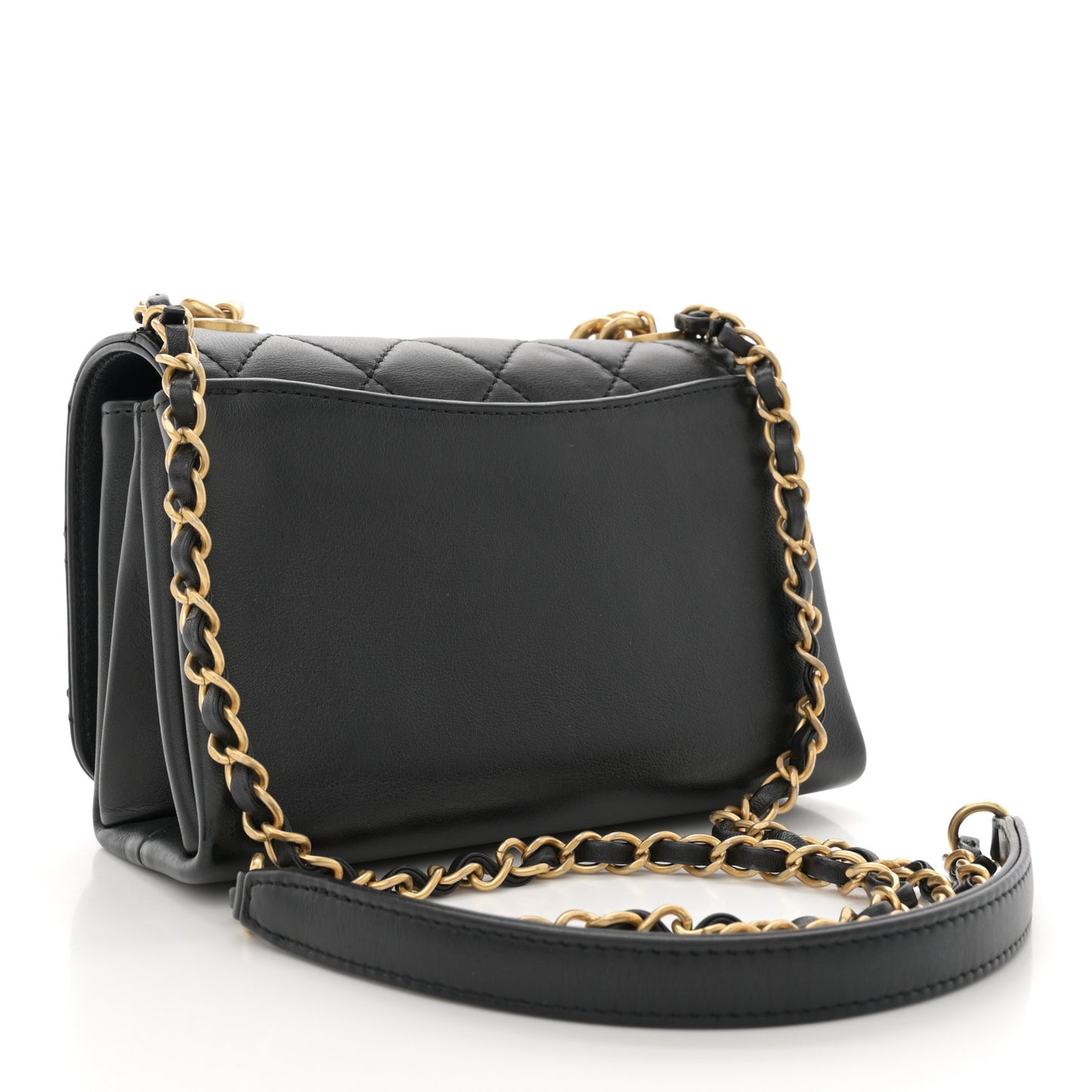 Calfskin Quilted Pearl Jewel Chain Flap Black