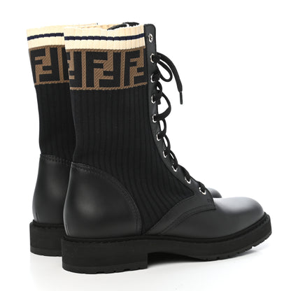 Fendi Calfskin Stretch Fabric Rockoko Biker Boots 38 Tobacco Black Marino 4 of 8