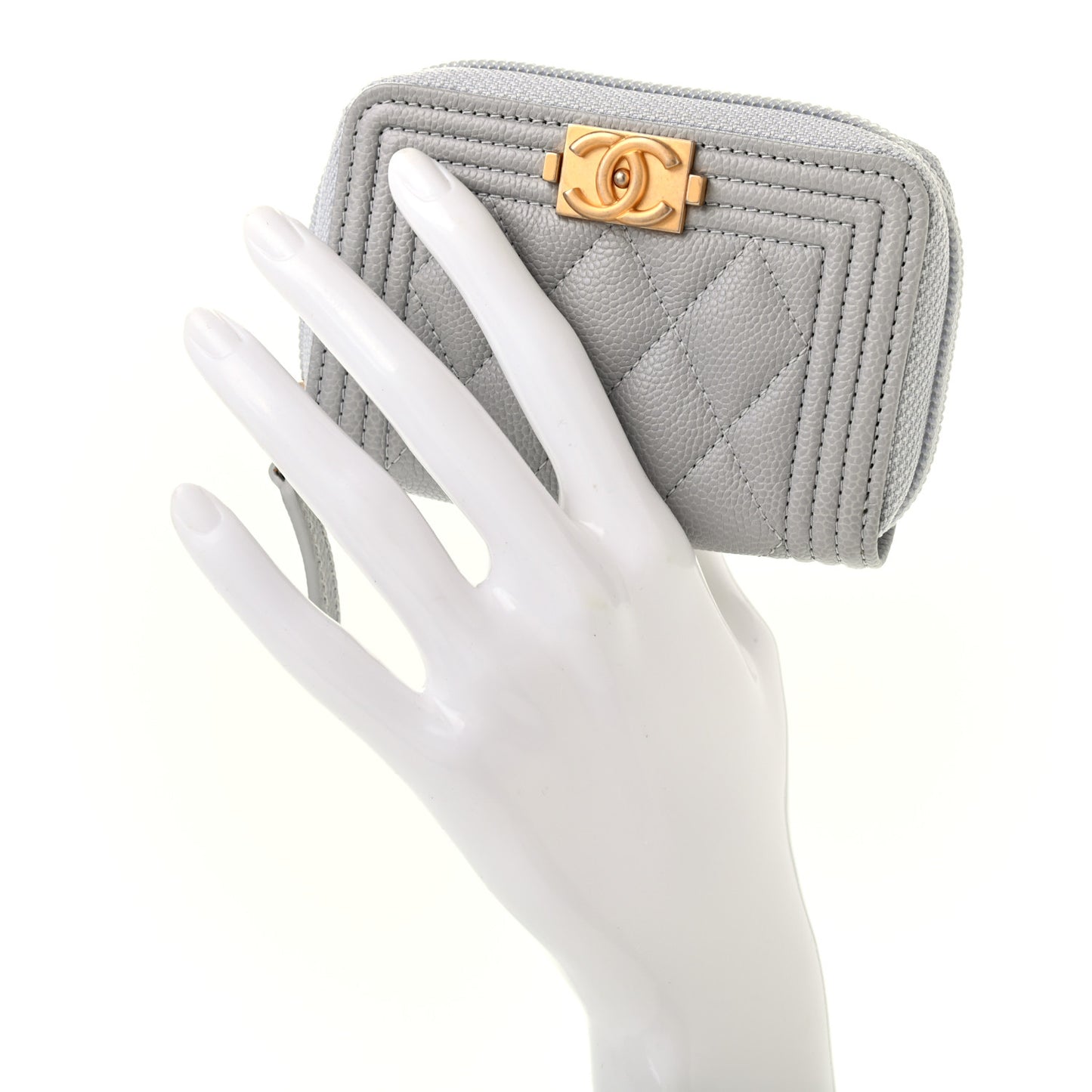 Caviar Quilted Boy Zip Around Coin Purse Wallet Grey
