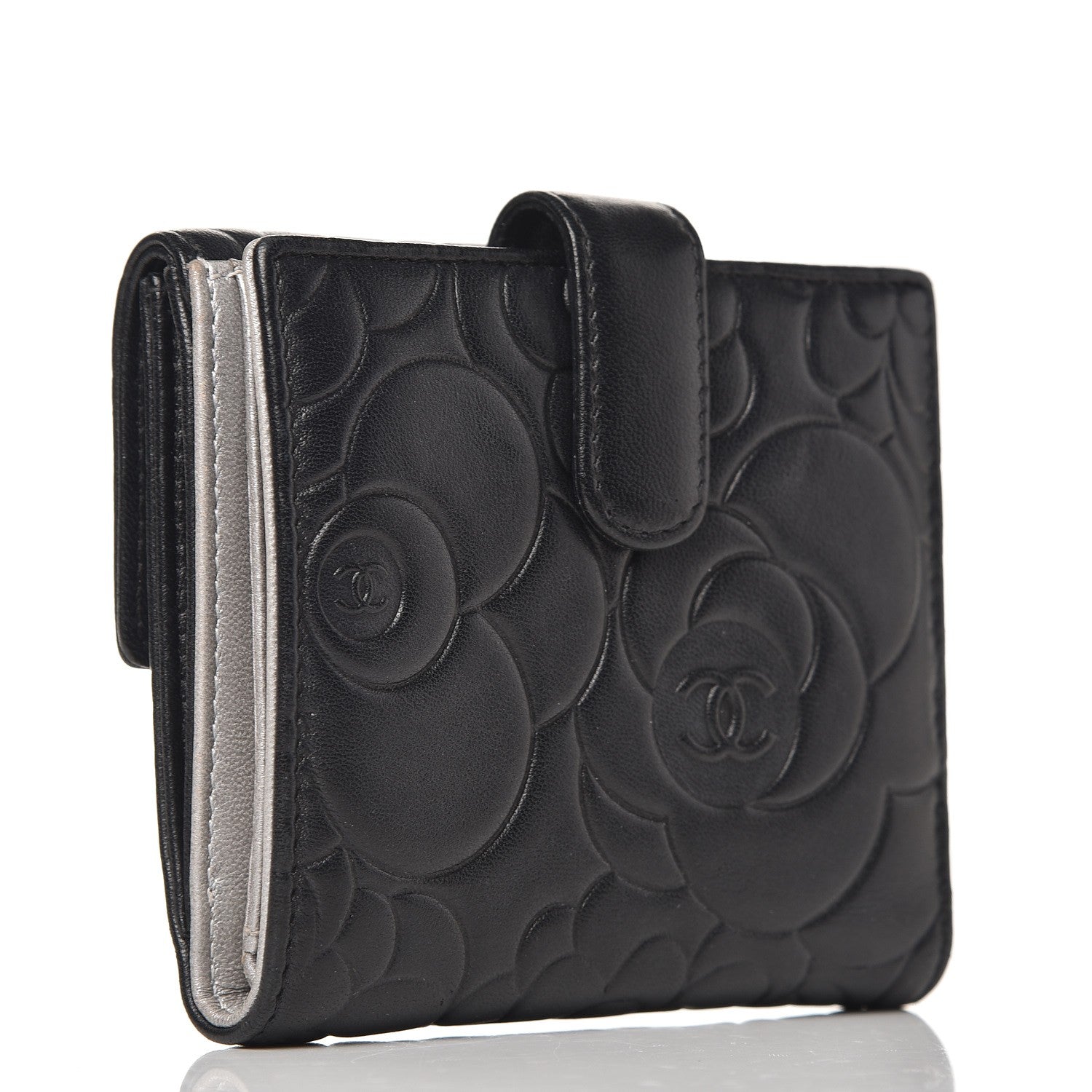 Chanel Lambskin Embossed Camellia French Wallet Black 3 of 8