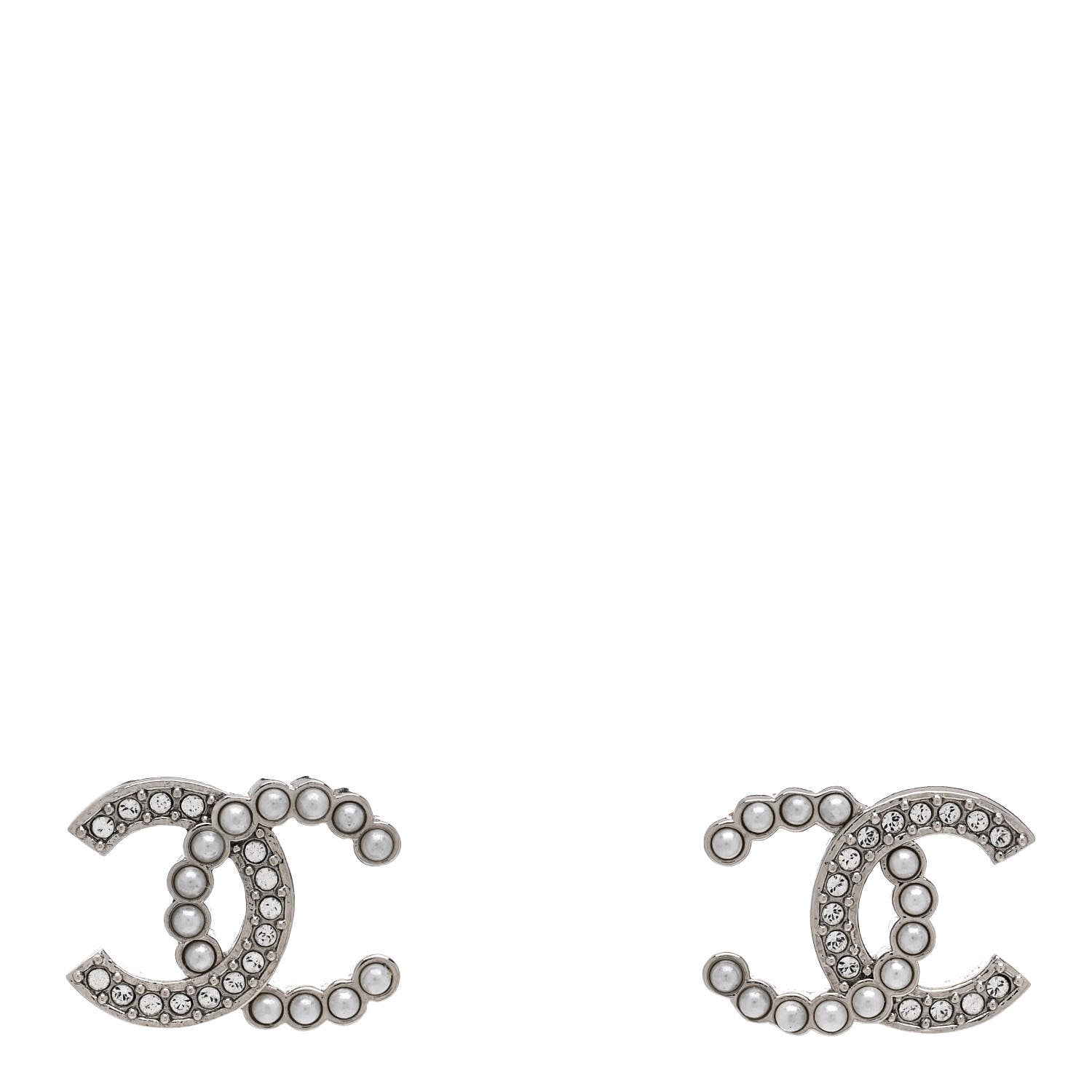 Chanel Pearl Crystal CC Earrings Silver Pearly White 1 of 5