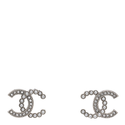 Chanel Pearl Crystal CC Earrings Silver Pearly White 1 of 5
