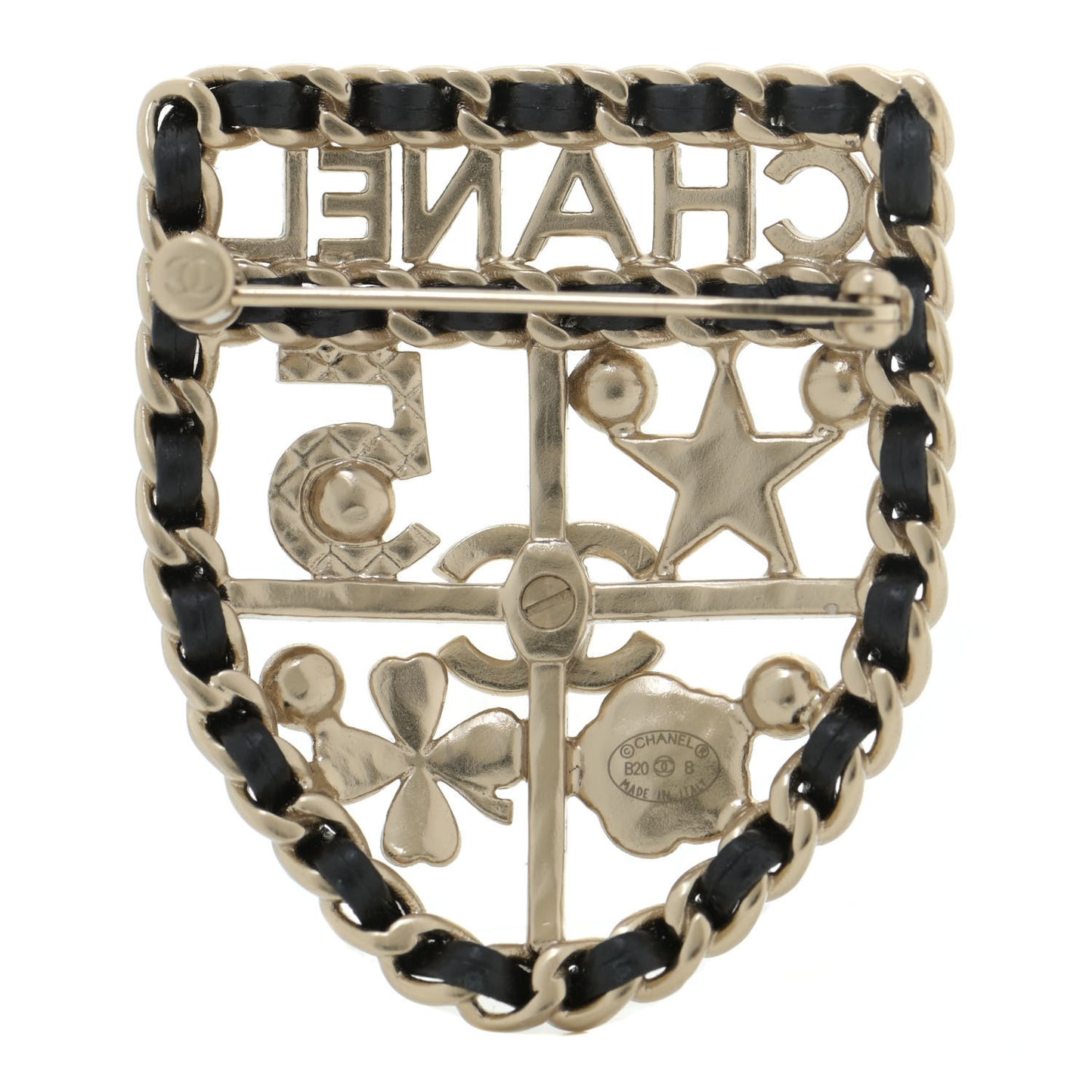 Lambskin Pearl Strass Sergeant Chanel Shield Brooch Gold