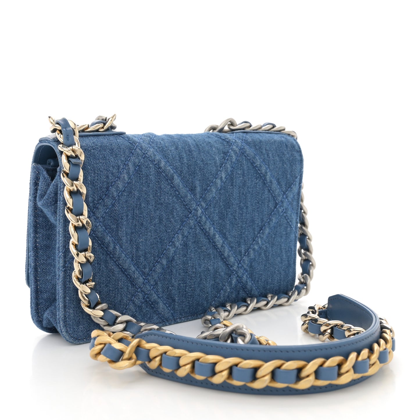 Denim Quilted Chanel 19 Wallet On Chain WOC Blue
