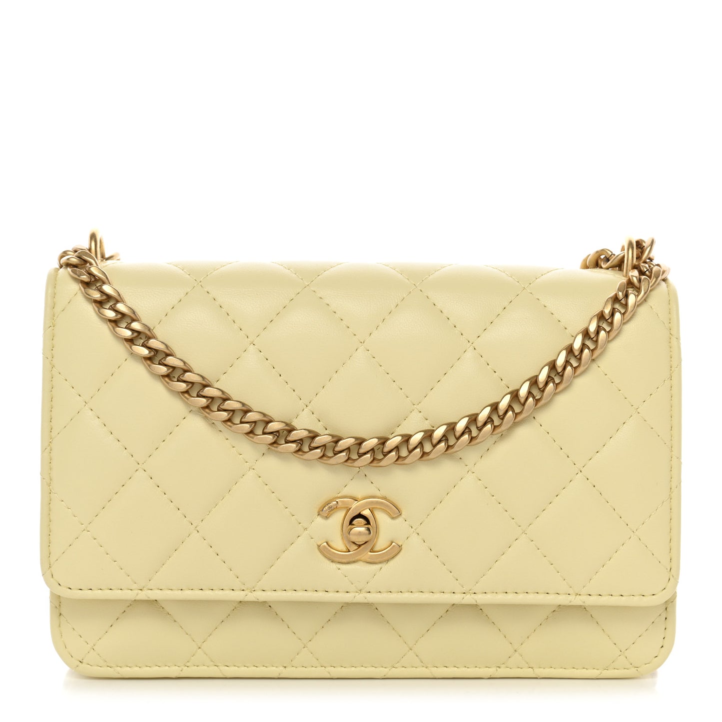 Lambskin Quilted CC Camellia Crush Wallet on Chain WOC Light Yellow