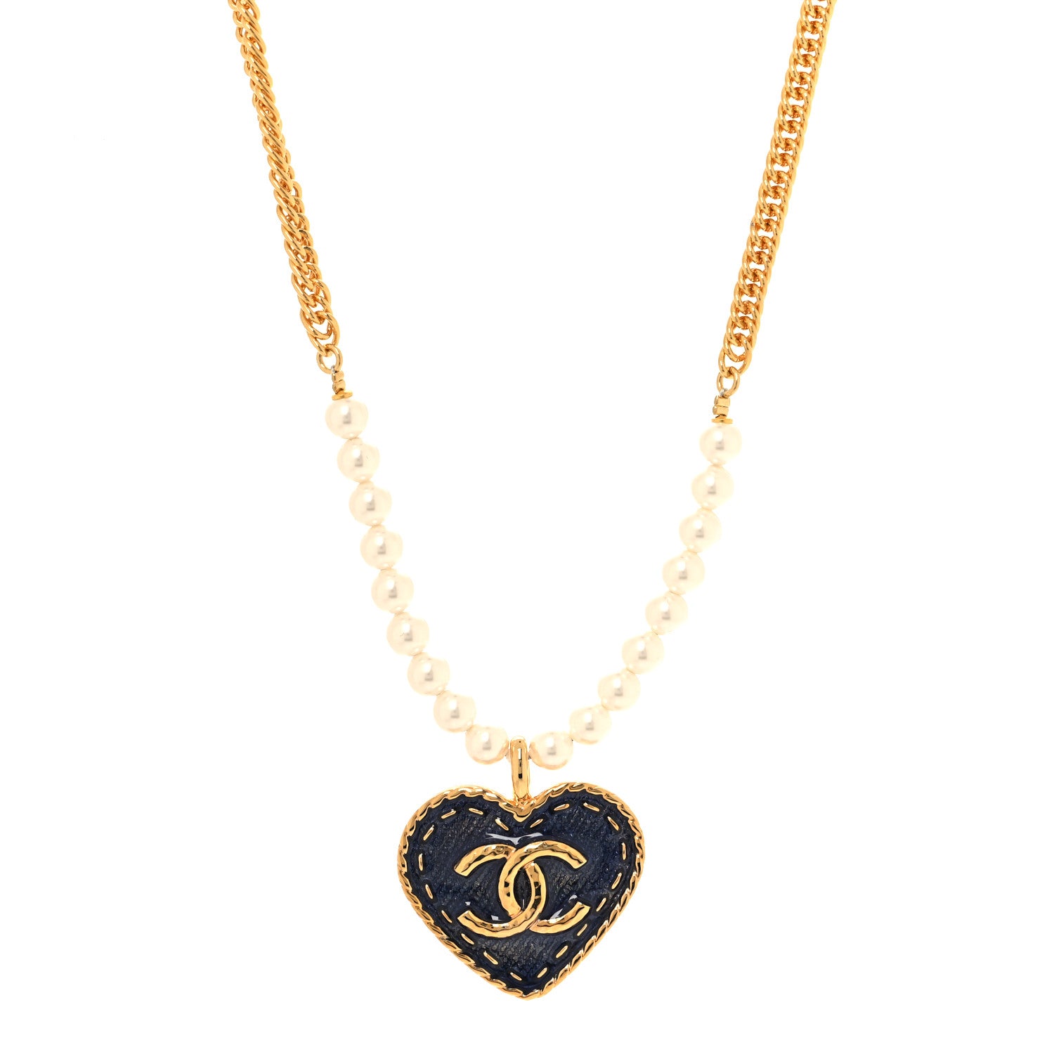 Chanel Metal Denim CC Heart Choker Gold Blue Pearly White 1 of 4