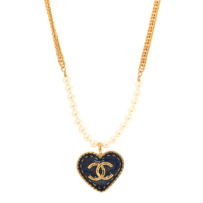 Chanel Metal Denim CC Heart Choker Gold Blue Pearly White 1 of 4