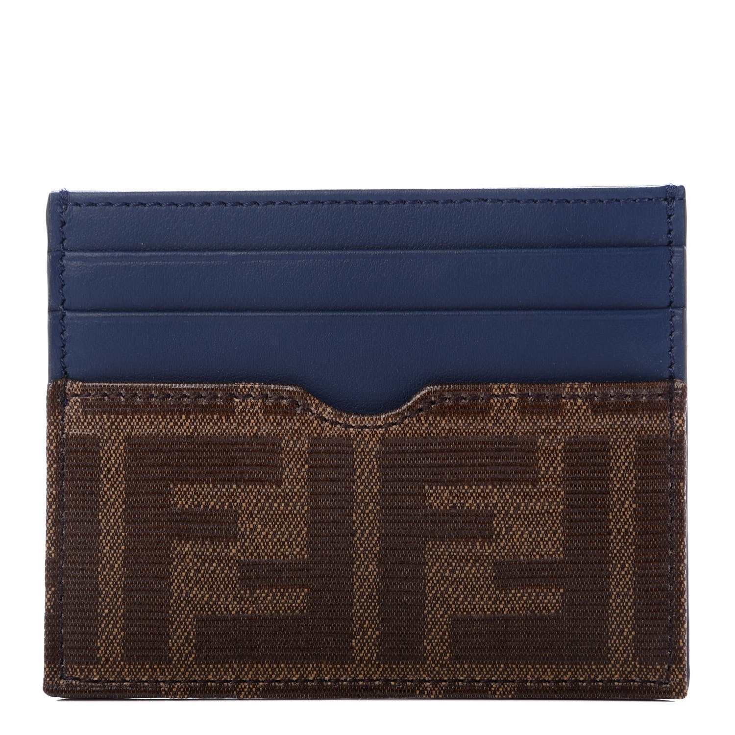 Fendi Vitello Century Glazed Fabric FF 1974 Card Holder Blu Scuro Mogano Panna 1 of 7