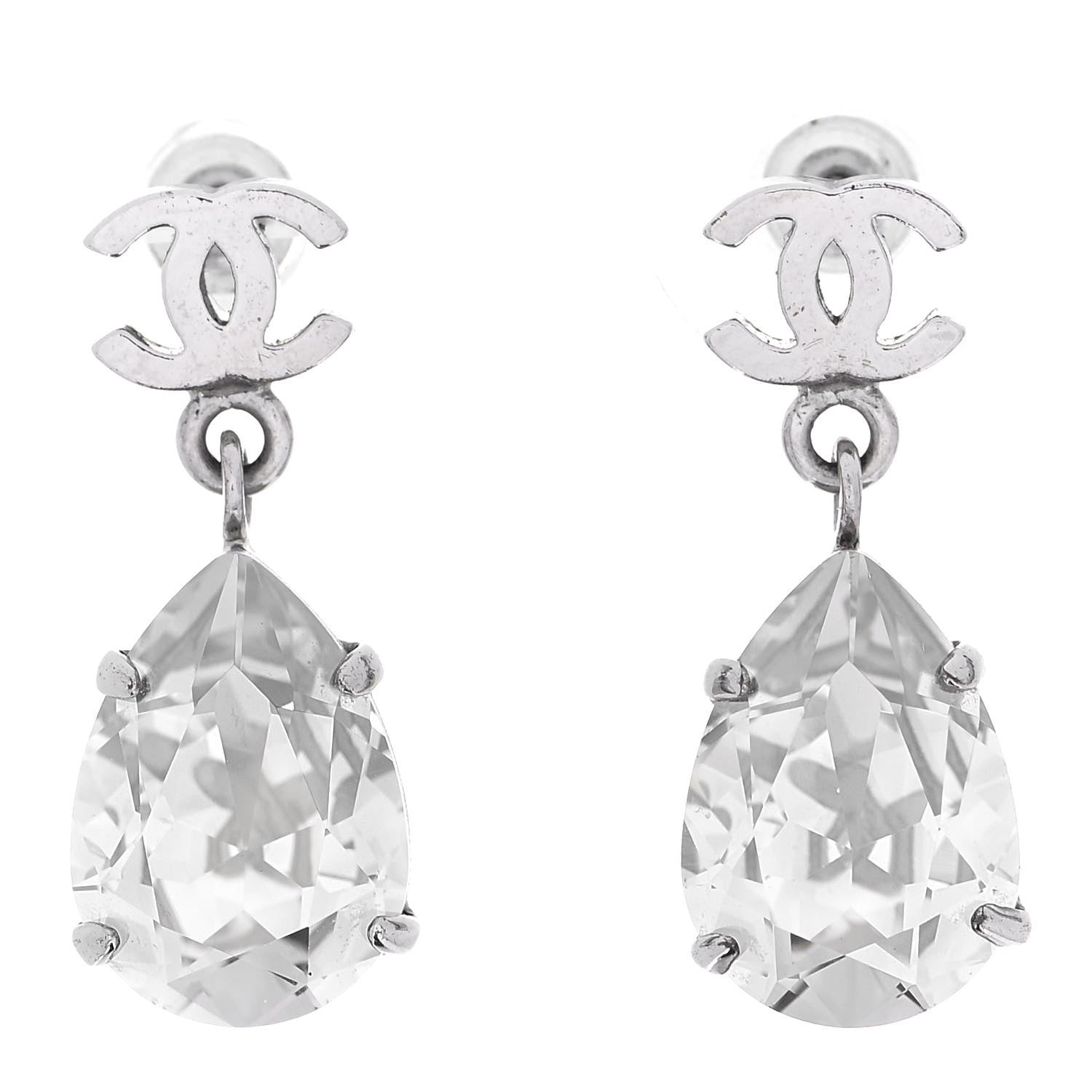 Chanel Crystal CC Tear Drop Earrings Silver 1 of 4
