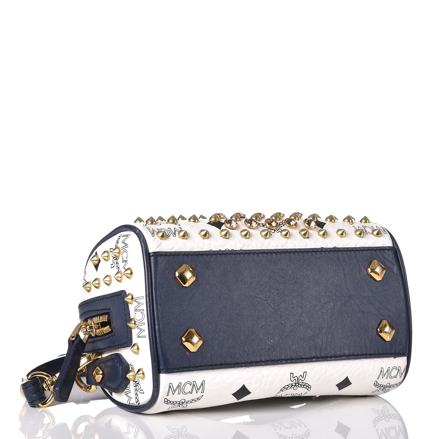 MCM Visetos Studded Mini Boston Bag White Navy 4 of 13