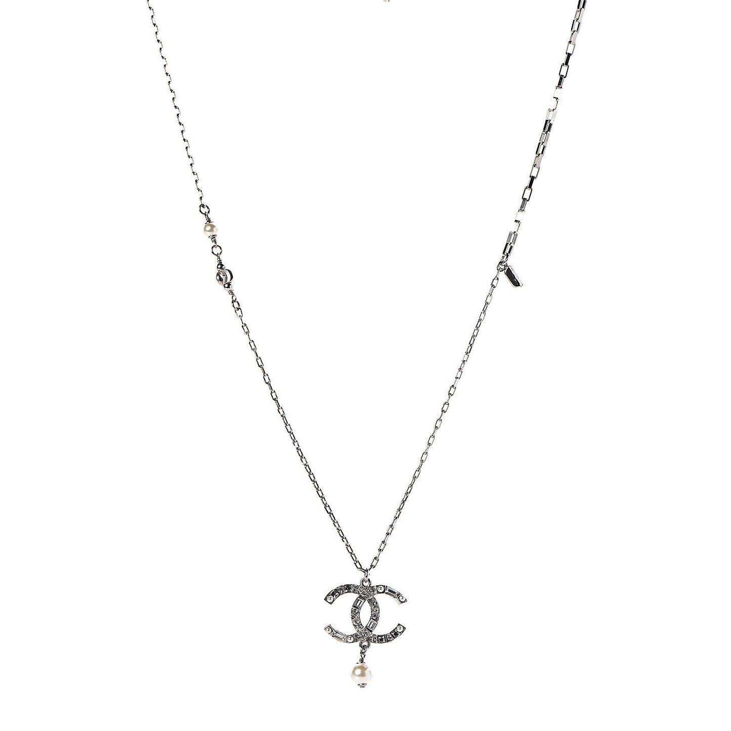 Baguette Crystal Pearl CC Pendant Necklace Silver