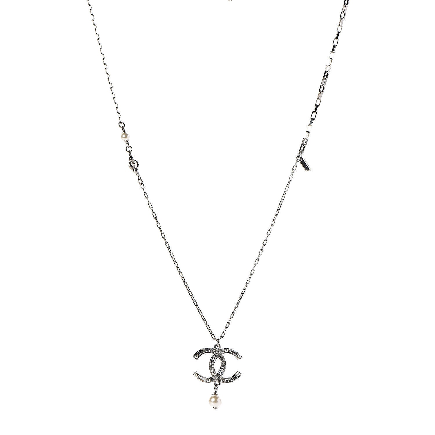 Chanel Baguette Crystal Pearl CC Pendant Necklace Silver 1 of 5