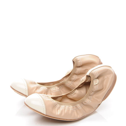 Chanel Lambskin Patent CC Elastic Cap Toe Ballerina Flats 37.5 Light Beige 3 of 9