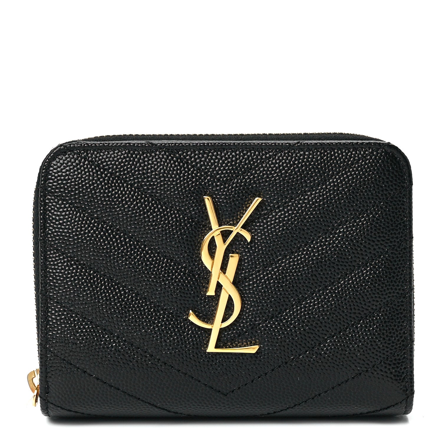 Saint Laurent Grain De Poudre Matelasse Chevron Monogram Compact Zip Around Wallet Black 1 of 12
